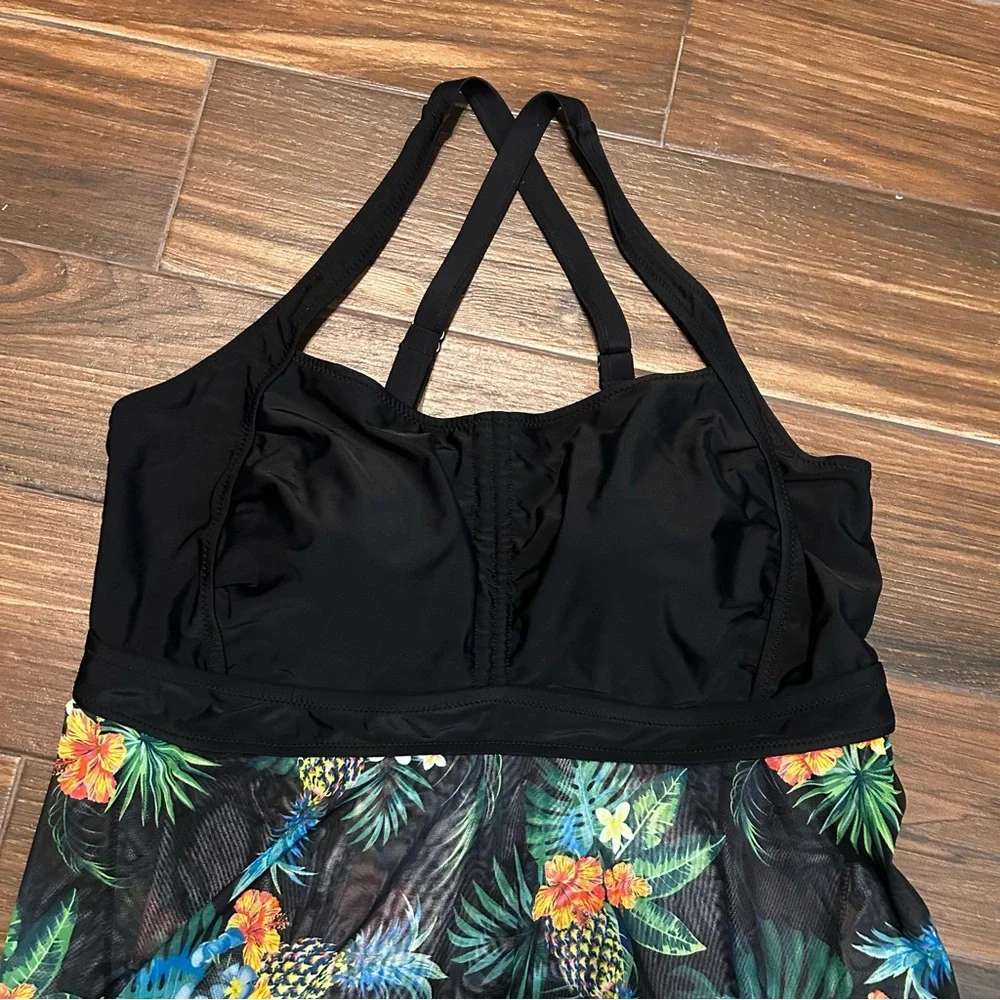 Daci Women’s Swim Dress 22 W Black‎ Tropical Print Pineapple Floral Padded
